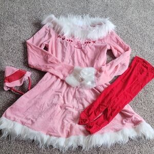Spirit Pink Faux-Fur Trim Holiday Dress with Red Tights